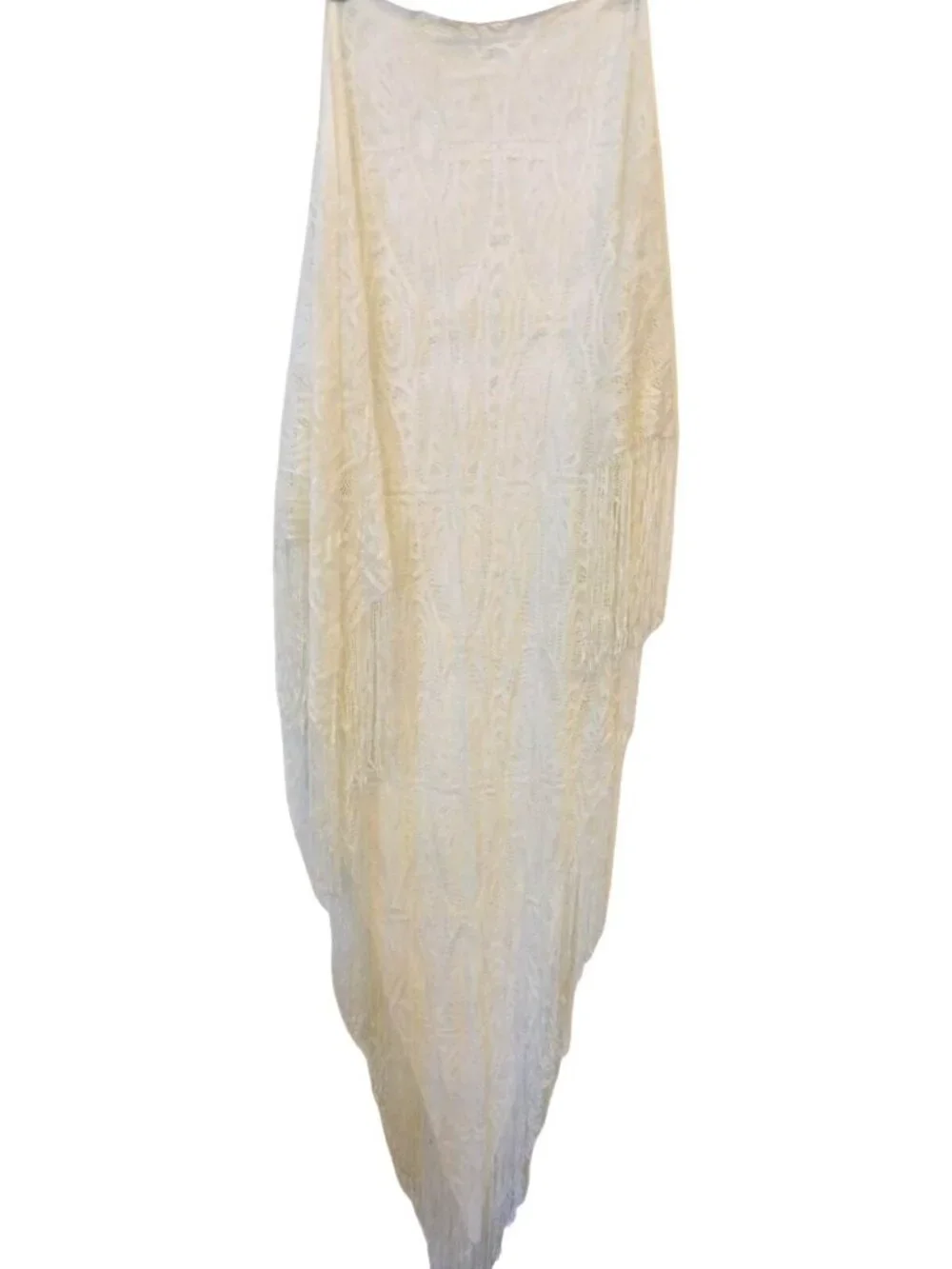 Vintage Cream Off White Crocheted Fringe Shawl Intricate Pattern 54